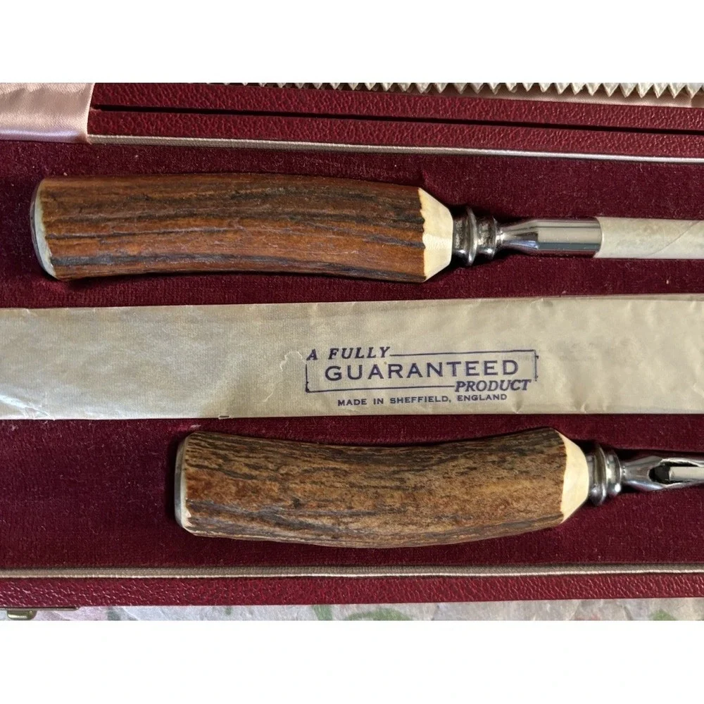 Lewis & Rose Co. Carved Stag Horn Cutlery Carving Set Sheffield England